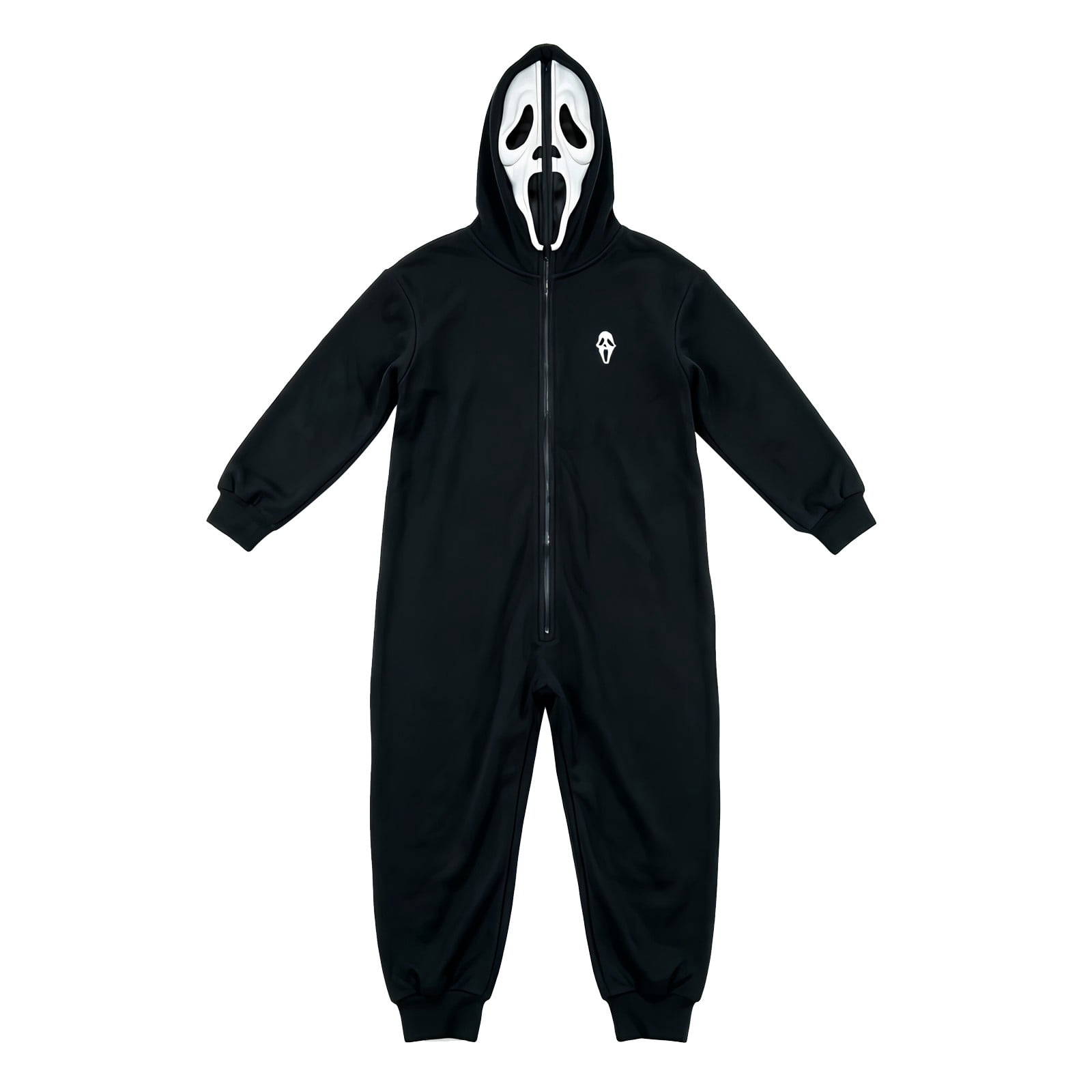 Spooky Ghost Face Hooded Onesie Pajama, Full‑Zip One‑Piece Loungewear Jumpsuit with Pockets