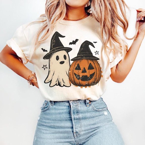Spooky Ghost Halloween Shirt, Preppy Floral Pumpkin Tee, Spooky Season T-Shirt, Ghost Aesthetic Tee Floral Patchwork Shirt