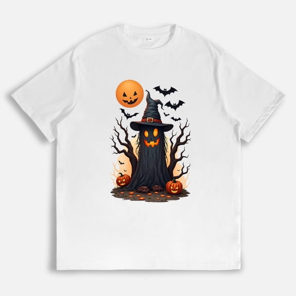 Spooky Ghost Halloween T-Shirt with Bats and Pumpkin Graphic Tees for Women，Round neck，Causal，cotton，white，S-5XL