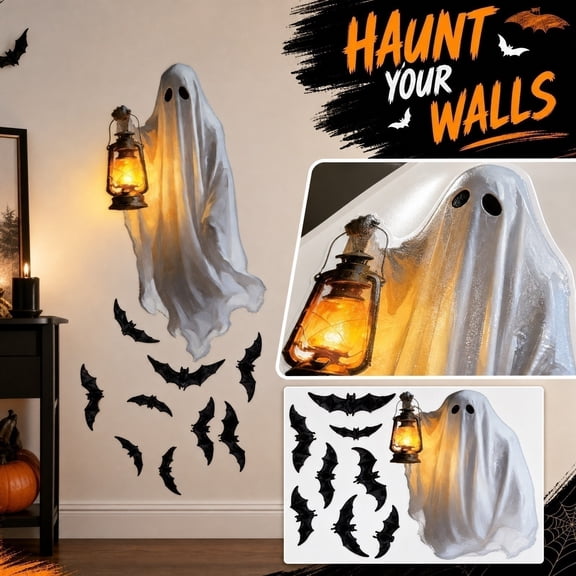 Spooky Ghost Halloween Wall Stickers, Large Removable Ghost Bat Window Decals, Vintage Oil Painting Style Halloween Door Wall Decor for Fall Party Haunted House Indoor Decorations,C