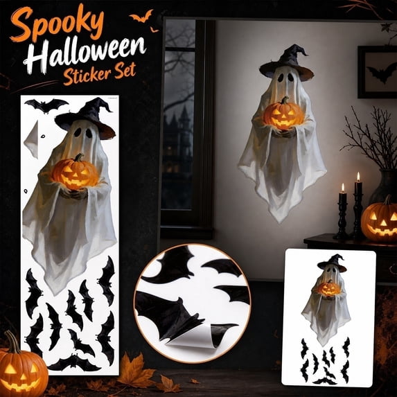 Spooky Ghost Halloween Wall Stickers, Large Removable Ghost Bat Window Decals, Vintage Oil Painting Style Halloween Door Wall Decor for Fall Party Haunted House Indoor Decorations,A