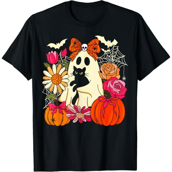 Spooky Ghost Holding Black Cat Groovy Floral Halloween Goth T-Shirt