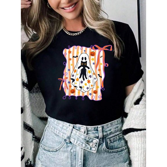 Spooky Ghost Holding Black Cat Halloween Coquette Bow Women T‑Shirt