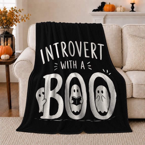 Spooky Ghost Introvert Boo Humor Playful Rustic Distressed, Festive Halloween Scene, Warm Flannel Blanket for Living Room and Reading Nook, Art Lovers Halloween Gift, Festive Home Decor