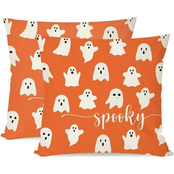 Spooky Ghost Orange Halloween Throw Pillow Covers 18x18 Set of 2 Cute Halloween Fall Indoor Outdoor Farmhouse Decorations Decorative Throw Pillows Cases for Home Living Room Couch Decor