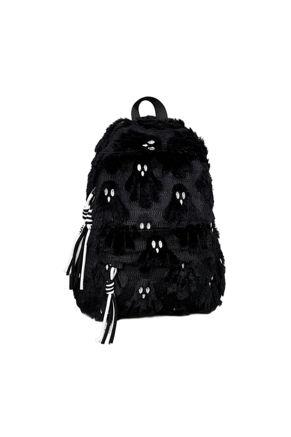 Spooky Ghost Pattern Faux Backpack, Lightweight Fluffy Shoulder Bag with Drawstring Closure, Halloween Themed Backpack for Kids School & Casual Use