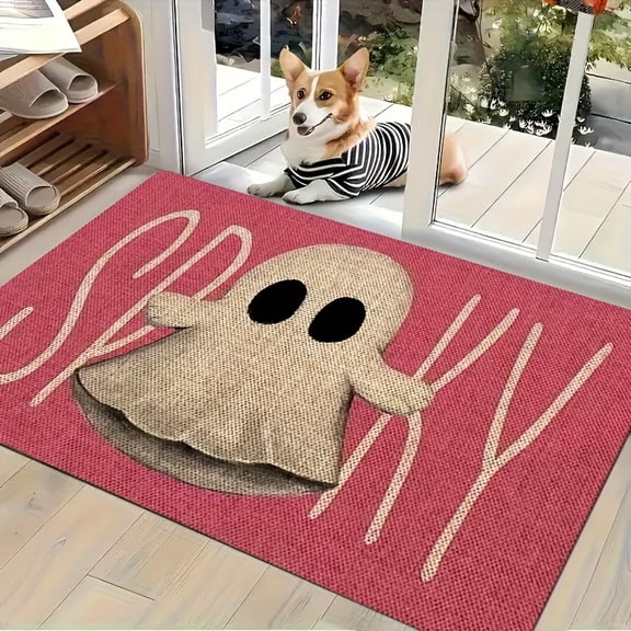 Spooky Ghost Pink Background Halloween Flannel Front Door Doormat