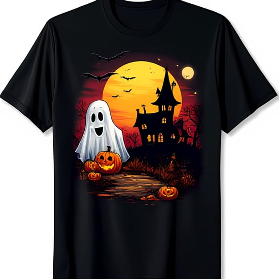 Spooky Ghost & Pumpkin Graphic Black T-Shirt for Halloween Fun