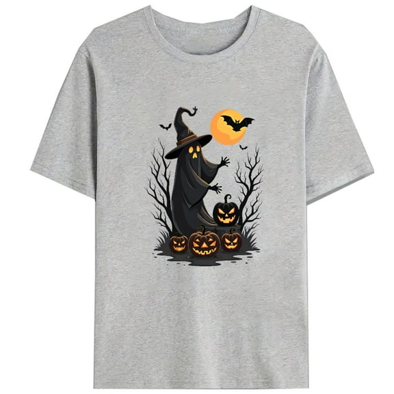 Spooky Ghost & Pumpkin Graphic Tee, Halloween T-Shirt for Men, Bat & Moon Design, Cute Fall Tops, Casual Comfort Fit Tees，Funny，cotton，gray，S-3XL