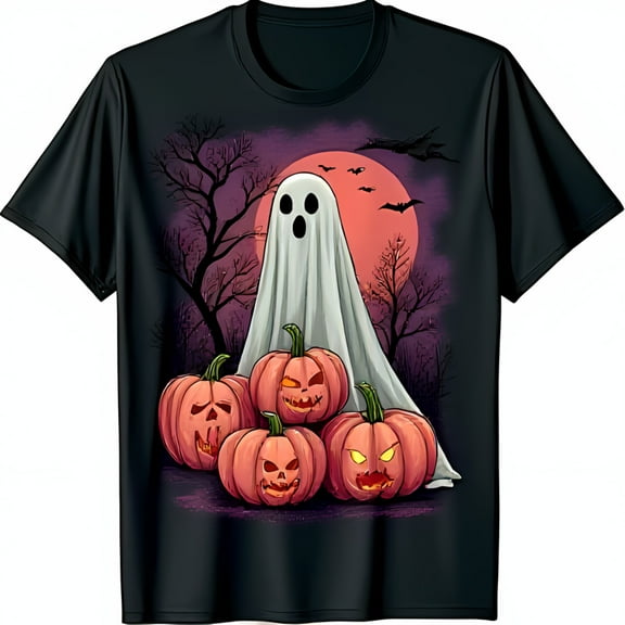 Spooky Ghost & Pumpkin Halloween Graphic Black T-Shirt for Festive Fun