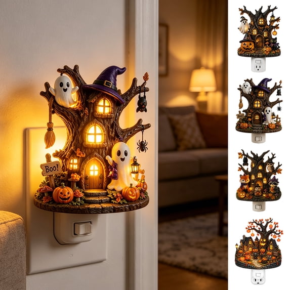 Spooky Ghost Pumpkin Tree House Night Lamp, Halloween Night Light, Plug In Nightlight, Acrylic Wall Night Light, Soft Eye Protection Lamp, for Home Bedroom Corridor Halloween Party Holiday Gift