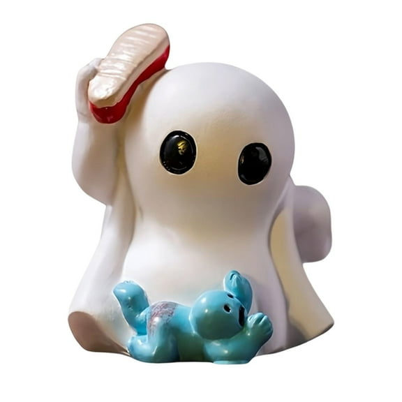 Spooky Ghost Statue Halloween Decor for Desk, Funny Resin Ghost Figurine with Fork, Cute Stress Relief Gift for Home Office Shelf Party Decoration