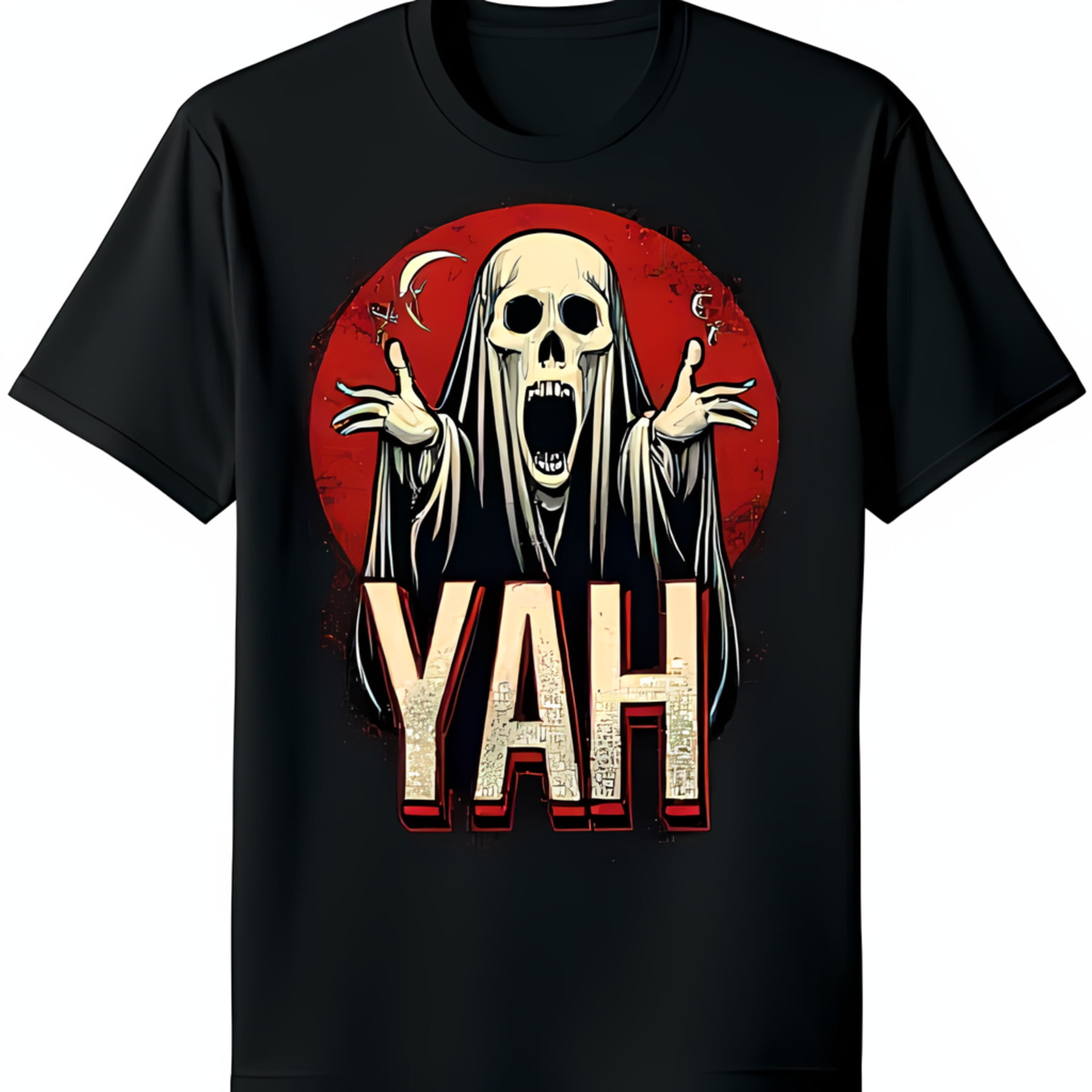Spooky Ghost T-Shirt with Eerie Expression & Red Moon Halloween Tee ...