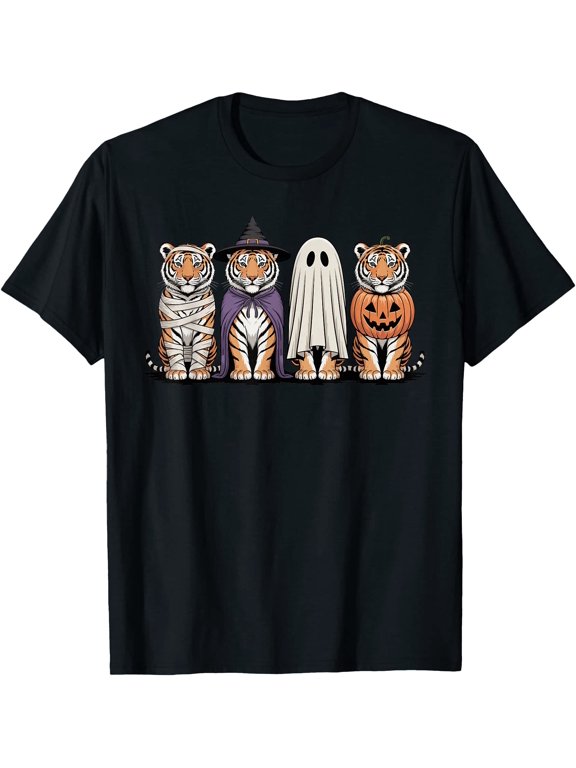 Spooky Ghost Tiger Pumpkin Halloween Skeleton T-Shirt