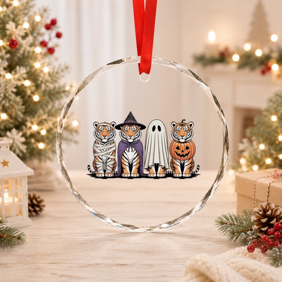 Spooky Ghost Tiger Pumpkin Skeleton Glass Ornament
