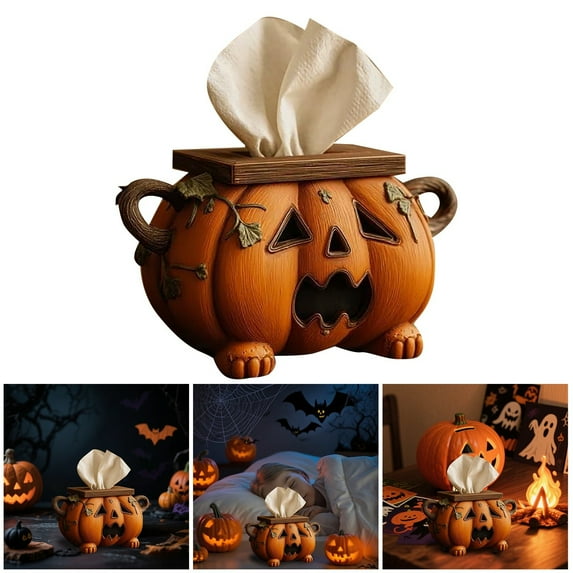 Spooky Ghost Tissue Box Cover, Cute Halloween Pumpkin Ghost Tissue Holder, for Halloween Decor for Bathroom, Living Room & Party Tabletopï¼Pumpkinï¼