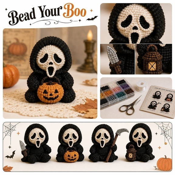 Spooky Ghost face 3D Beaded Art DIY Kit - 4-Piece Halloween Craft Set for Adults, Complete with Beads, Needles & Instructions for Making Ghost Figurines (Pumpkin, Scythe, Lantern, Knife)