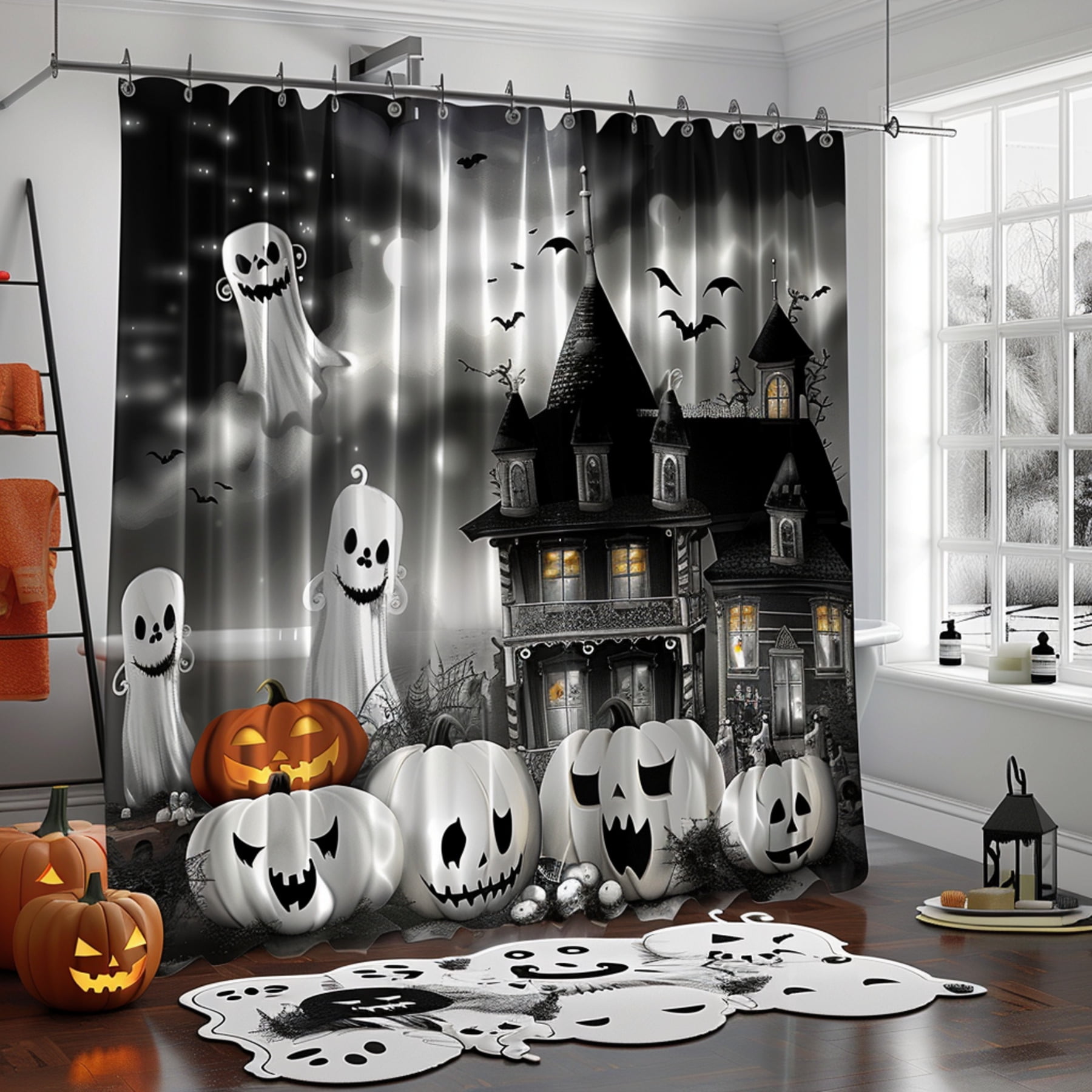Spooky GhostThemed Shower Curtain Set with Haunted House Design