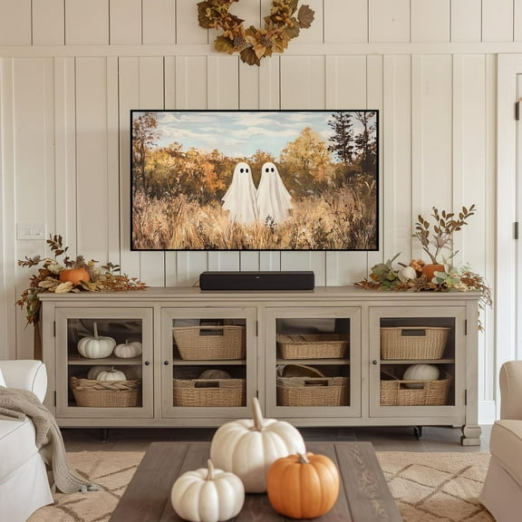 Spooky Ghosts in Autumn Landscape Poster Wall Decor Canvas Art Whimsical Haunted Forest Prints Painting Picture Artwork Home Ghost Cottage Halloween Decoration No Frame