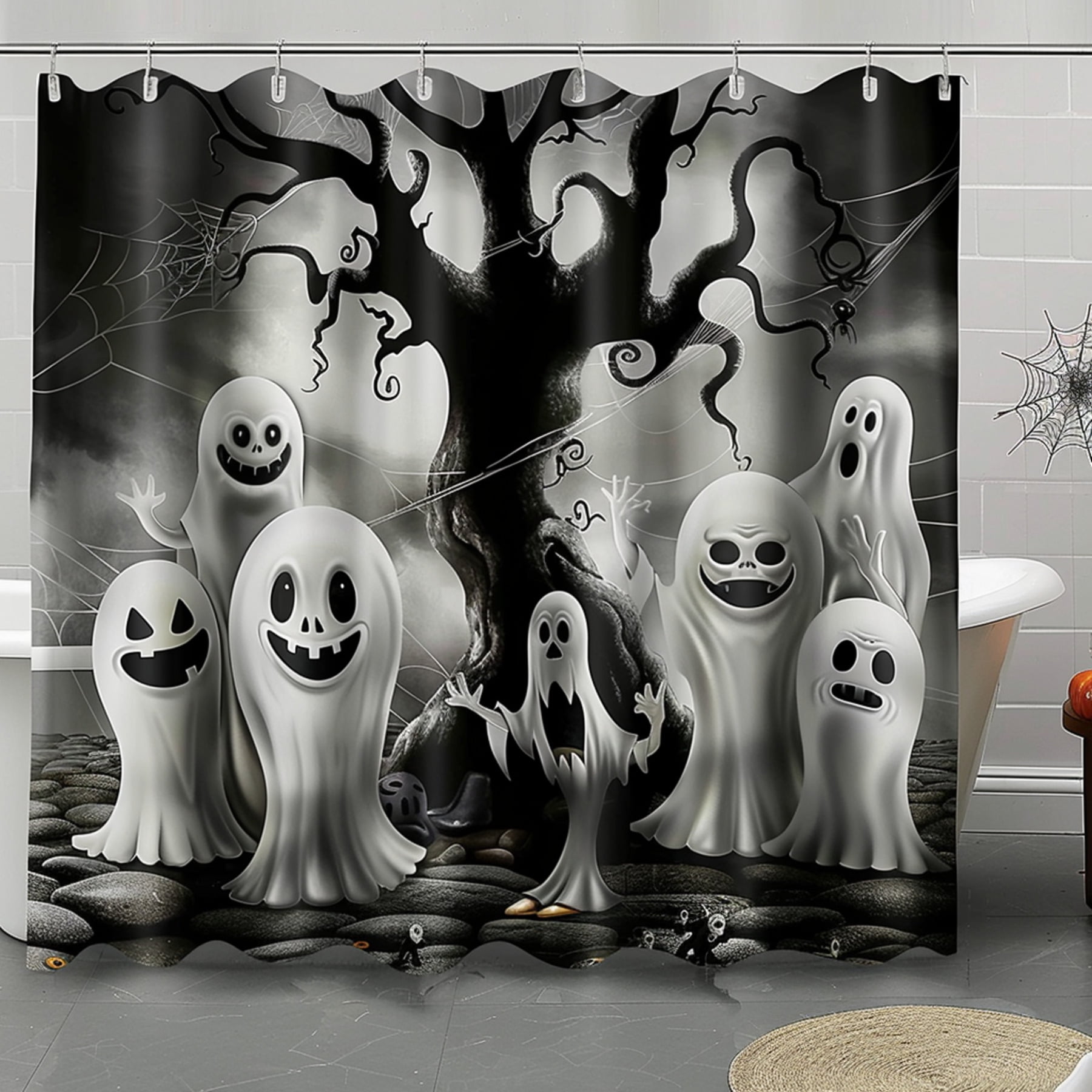 Spooky Ghosts Shower Curtain Gothic Style Bathroom Decor Black & White