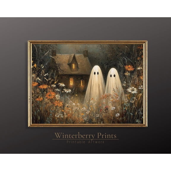 Spooky Ghosts in Flower Field Art Print, Vintage Dark Arcadia Unframed Paper Print