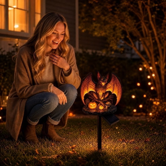 Spooky Giant Bat Solar Garden Stake Light, Illuminated Bat with Pumpkin Skull Tombstone Outdoor Halloween Lawn Landscape Lamp