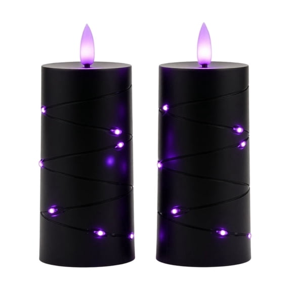 Spooky Glow Flameless Candle Summerween Lights, Flickering LED Fairy String Pillars For Gothic Party Nightstand Decor, Purple, 2 Pack