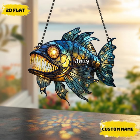 Spooky Glowing Angler Fish Acrylic Suncatcher Deep Sea Creature Art Window Hanging Home Decor Ocean Lover Gift