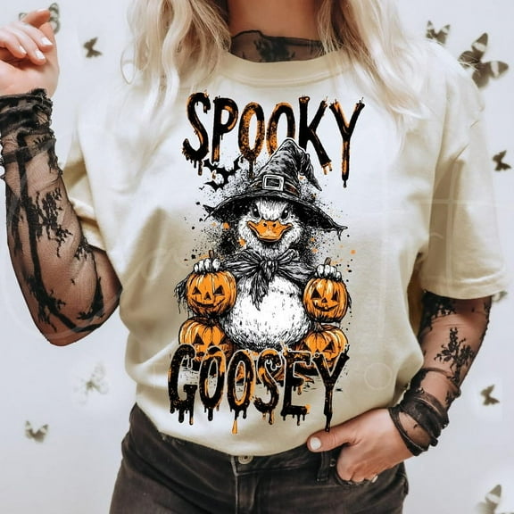 Spooky Goosey Halloween T-Shirt, Funny Trick or Treat Goose Tee for Women, Cute October Shirt with Duck Graphic, Fall Humor Outfit
