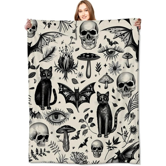 Spooky Goth Blanket Gothic Black Cats, Skulls, and Bats Throw Blankets Gifts for Girls Boys Adults Lightweight Soft Fleece Cozy for Sofa Couch Bed Room Travel Birthday Halloween Decor 50x60in