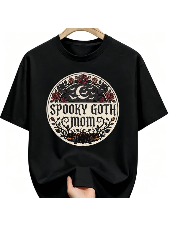 Spooky Goth Mom Halloween Unisex Graphic T-Shirt, Dark Rose Moon Fall Outfit for Women