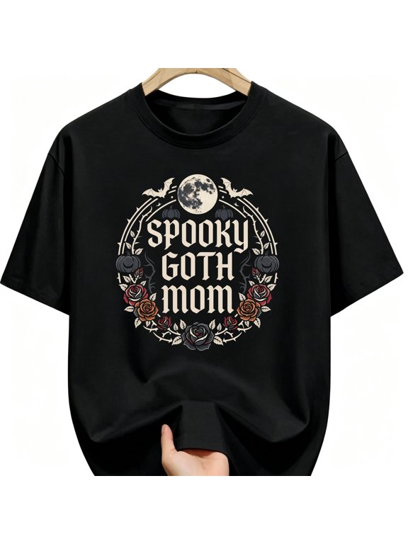 Spooky Goth Mom Halloween Unisex Graphic T-Shirt, Moon Rose Pumpkin Fall Costume for Moms