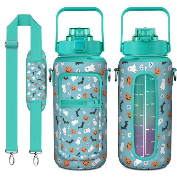 Spooky Gothic 64oz Leak-Proof Water Bottle with Sleeve - Witch & Skeleton Print Large Capacity Bottle for Running & Gym