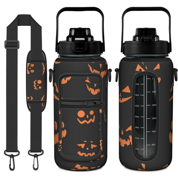 Spooky Gothic 64oz Leak-Proof Water Bottle with Sleeve - Witch & Skeleton Print Large Capacity Bottle for Running & Gym