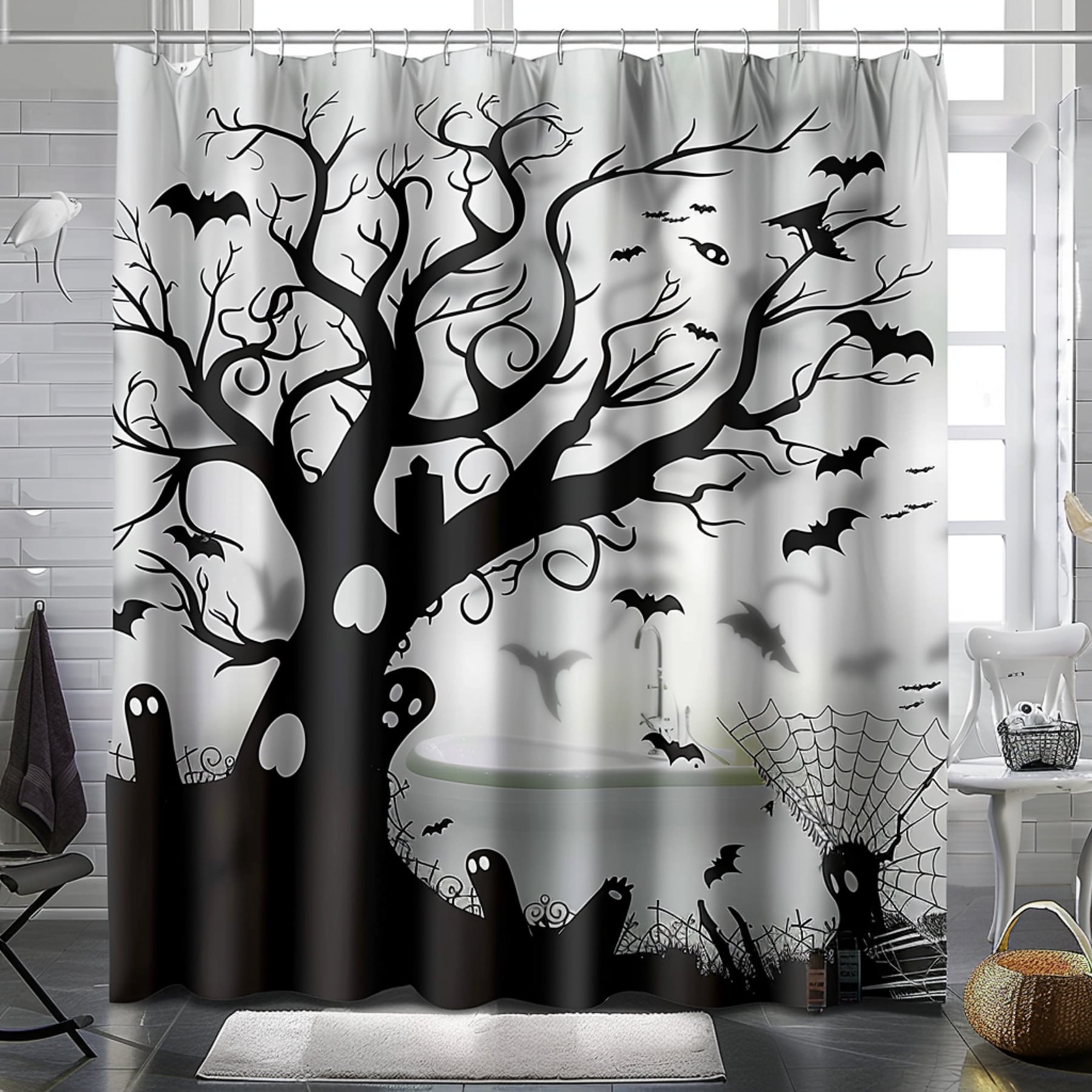 Spooky Gothic Bathroom Shower Curtain with Black Tree Ghosts Bats and