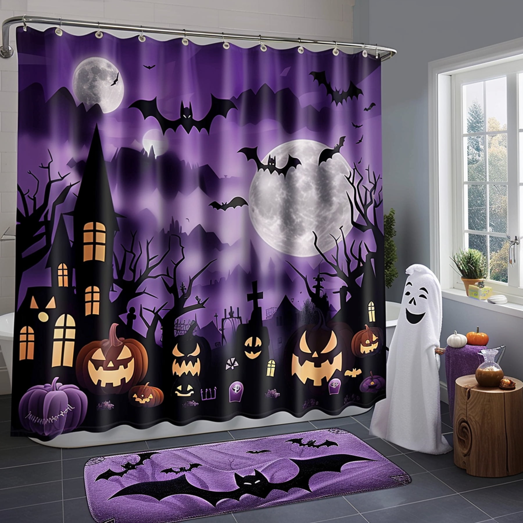 Spooky Gothic Graveyard Shower Curtain Set Bat Decor Ghost Halloween ...