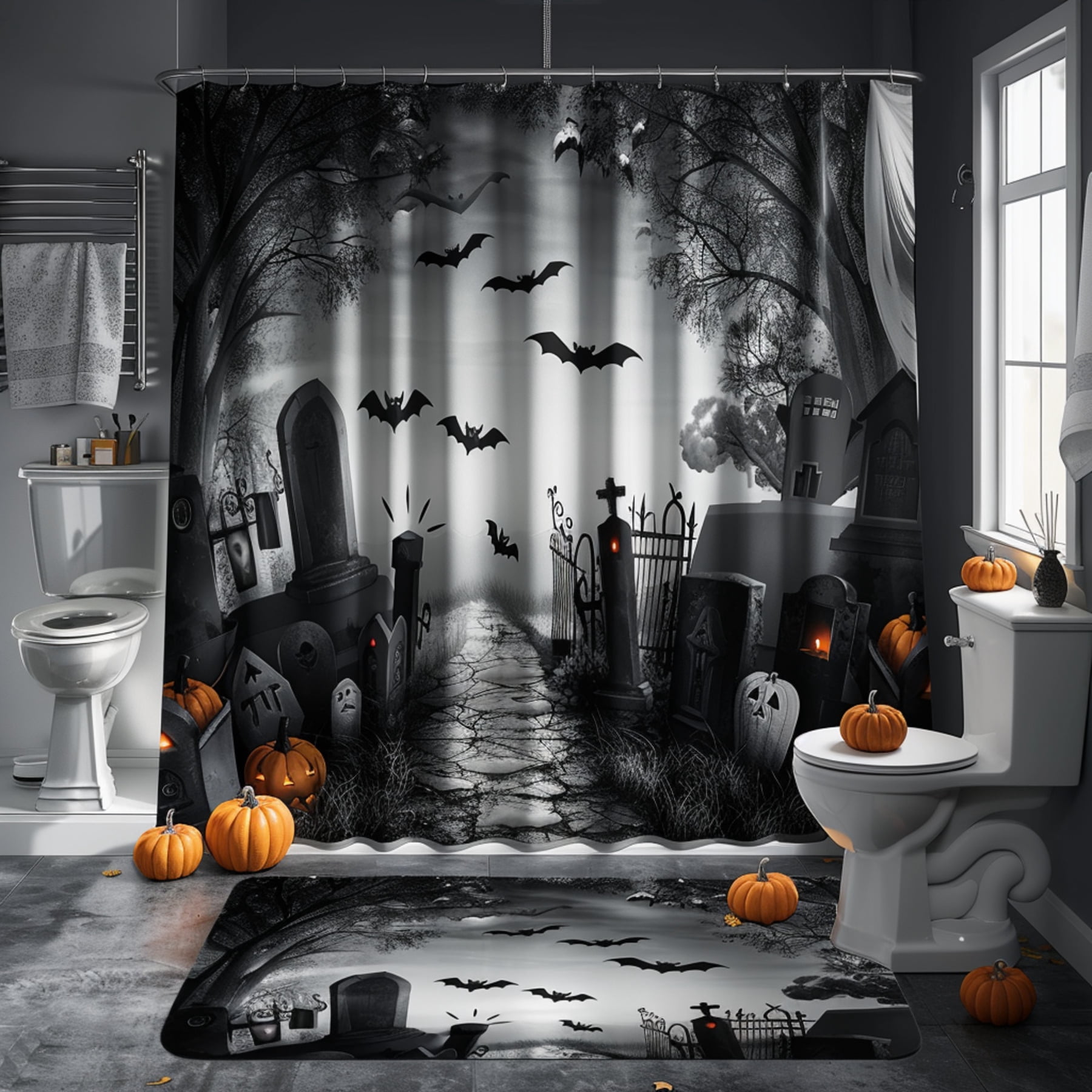 Spooky Gothic Halloween Bathroom Shower Curtain with Cemetery Landscape ...