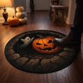 thumbnail image 1 of Spooky Gothic Halloween Round Area Rug with Stone Cave Pumpkin and Ghost Print, 31.49In Low Pile Crystal Velvet Non Slip Floor Mat, Versatile Indoor Decor for Bedroom Entryway Halloween Party, 1 of 5