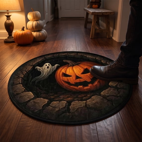 Spooky Gothic Halloween Round Area Rug with Stone Cave Pumpkin and Ghost Print, 31.49In Low Pile Crystal Velvet Non Slip Floor Mat, Versatile Indoor Decor for Bedroom Entryway Halloween Party