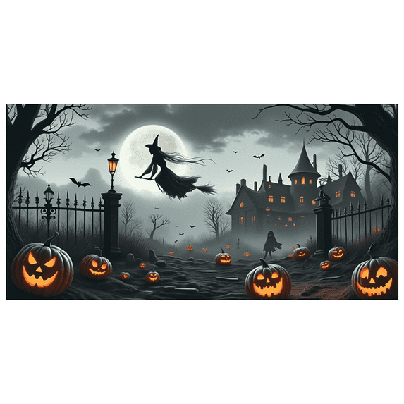 Spooky Gothic Haunted House Banner Halloween Witch Graveyard Pumpkins Bats for Halloween Party Event Decoration