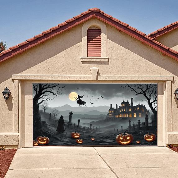 Spooky Gothic Haunted House Banner Halloween Witch Graveyard Pumpkins Bats for Halloween Party Event Decoration