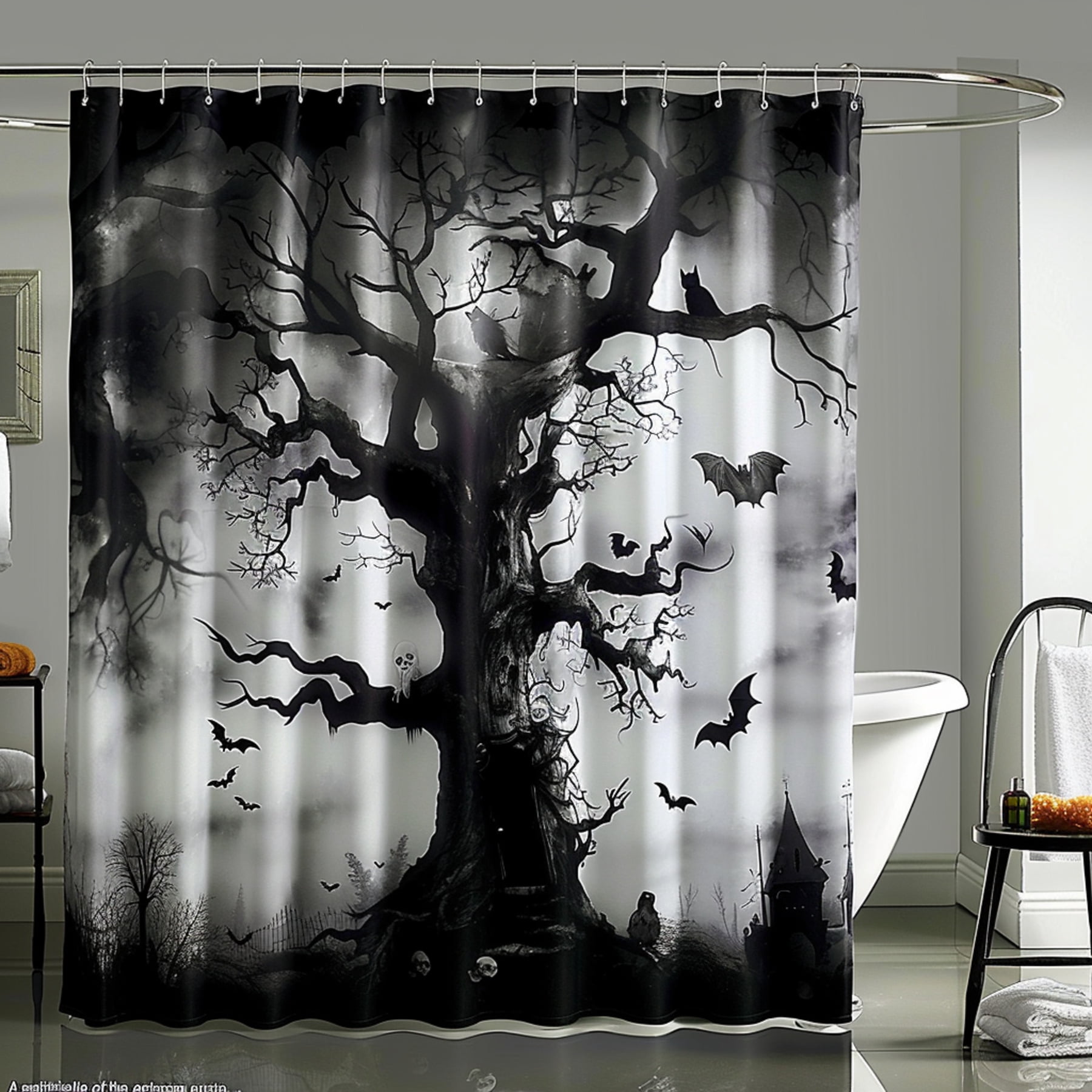 Spooky Gothic Haunted Tree Shower Curtain With Bats And Ghostly Figures