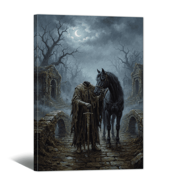 Spooky Gothic Horseman Canvas Wall Art Under Dusk Moonlight Prints Abstract Retro Fantasy Oil Artwork Paintings for Halloween Festival Living Room Bedroom Home Decor