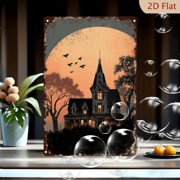 Spooky Gothic House at Sunset Vintage Distressed Metal Wall Art, 8x12 Inches, Victorian Steeple with Glowing Windows and Silhouetted Trees, Retro Horror Decor for Home Office