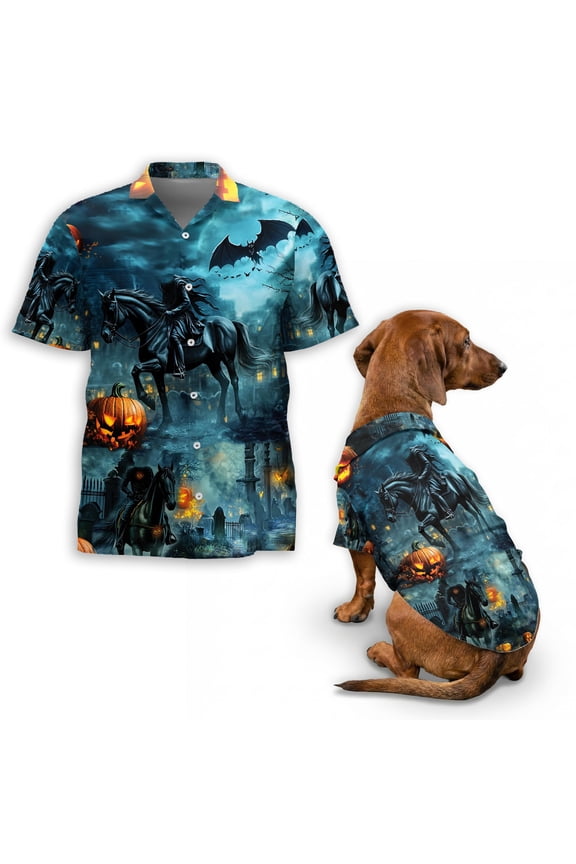 Spooky Gothic Night Pumpkin Bat Pattern Button Down Shirt for Adults or Dogs, Cuban Collar, Short Sleeve Polyester Summer Shirt