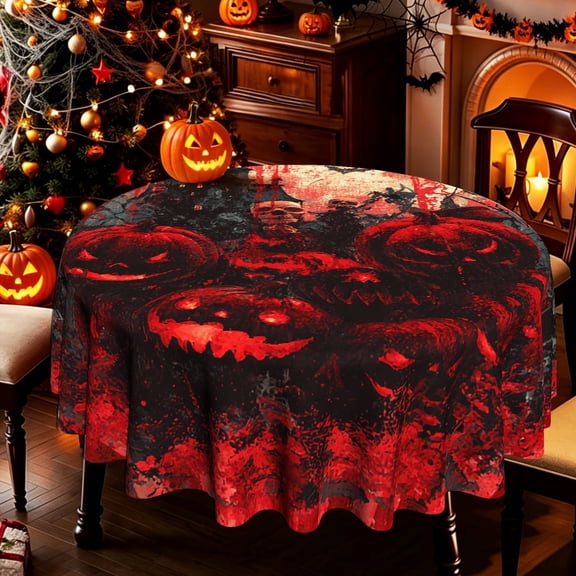 Spooky Gothic Red Black Skull Jack O Lantern 2D Print Round Tablecloth, Horror Style Table Cover for Kitchen Patio Halloween Party Decor, Gothic Holiday Home Decor