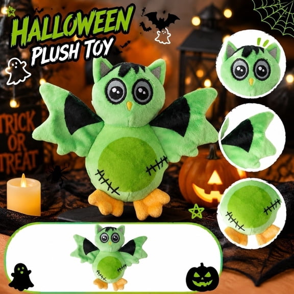 Spooky Green Stitched Owl Stuffed Plush, Halloween Bat Wing Owl Plushie Ornament for Indoor Table Tree Decoration