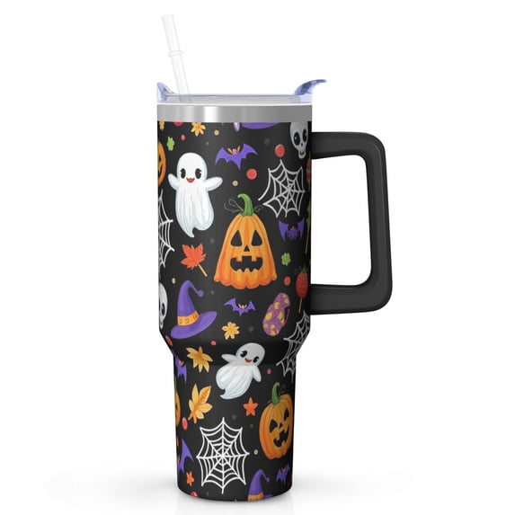 Spooky Halloween 40oz Coffee Tumbler with Handle and Straw Lid – Insulated Hot Cold Travel Mug – Pumpkin Gift Cup