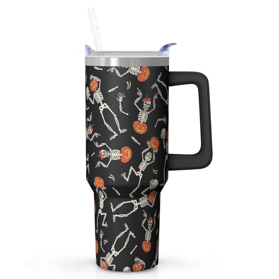 Spooky Halloween 40oz Tumbler - Pumpkin Pattern w/Handle, Huge Insulated Cup, Last Minute Gift! Keeps Drinks Cold 26Hrs