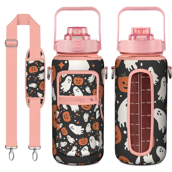 Spooky Halloween 64oz Sports Water Bottle with Sleeve - Bat & Cobweb Pattern Leak-Proof Fitness Bottle with Phone Pocket